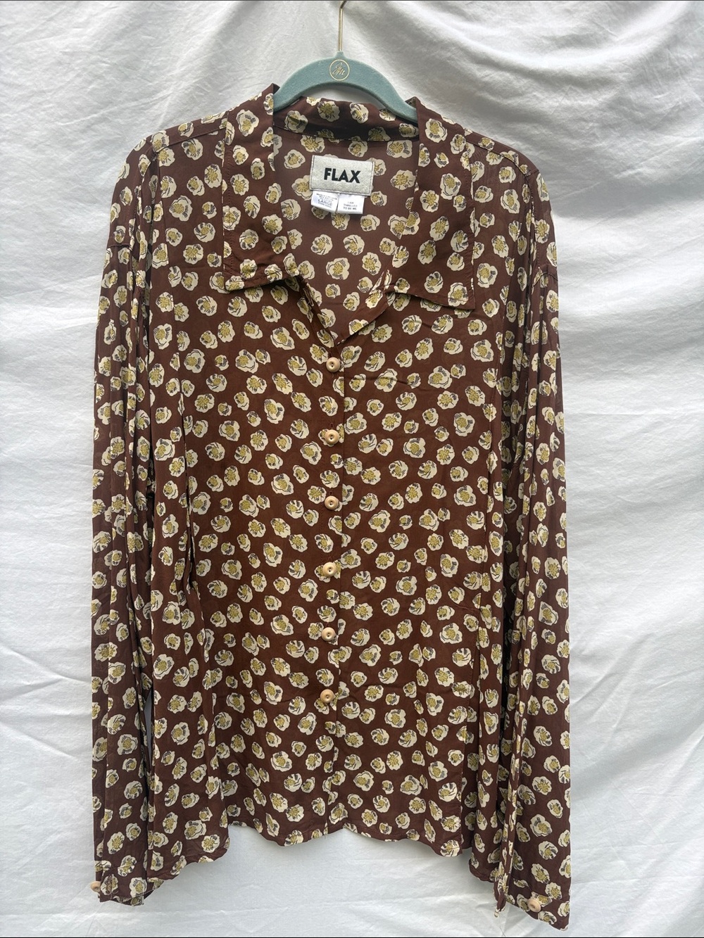 FLAX Brown Floral Print Button-Front Blouse